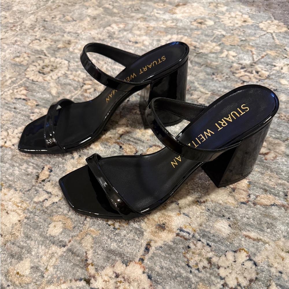 Stuart Weitzman Black Patent Two-Strap Block Heel Sandals - Picture 2 of 10